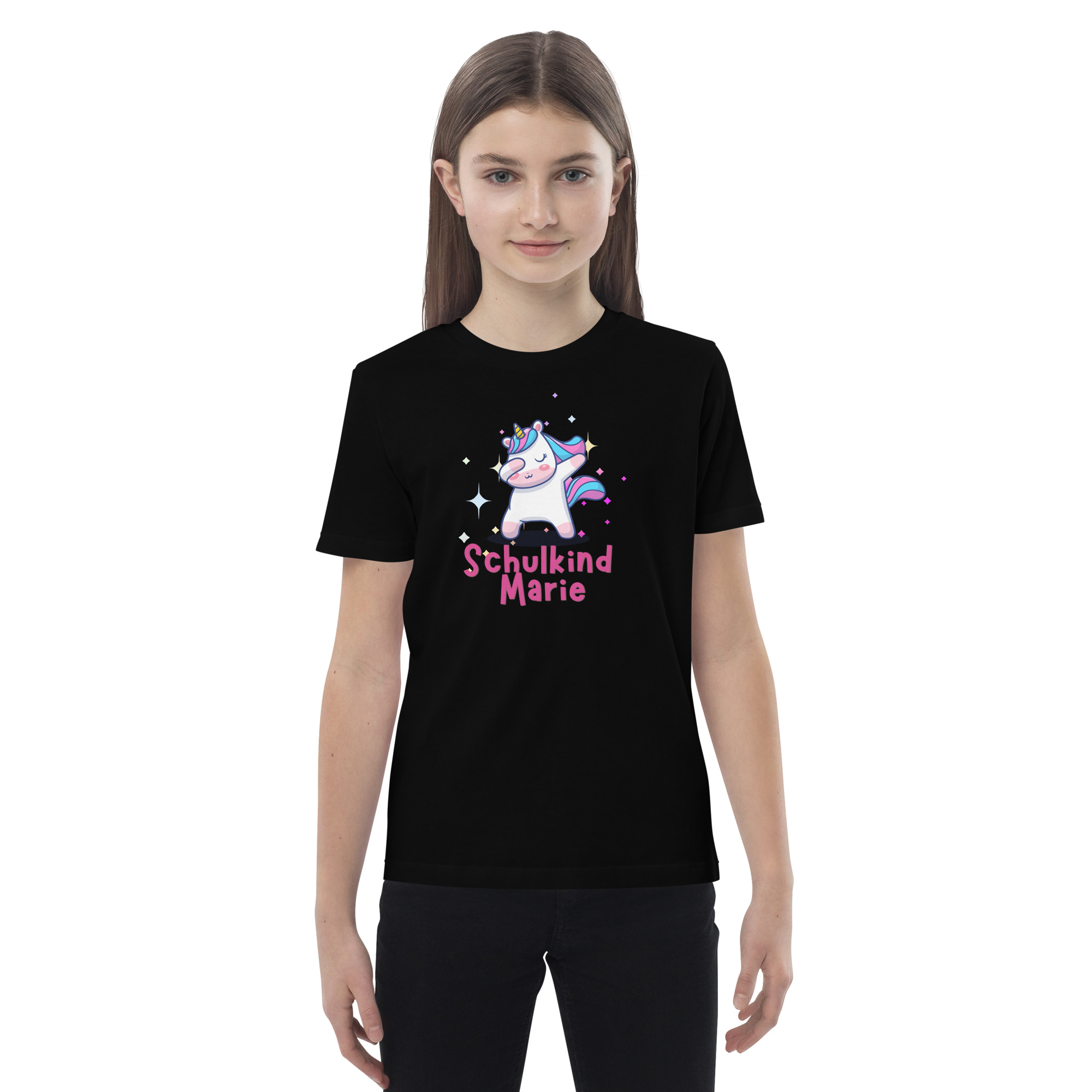 Schulkind Marie – Tanzendes Einhorn Motiv 🦄✨ Bio-Baumwoll-T-Shirt für Kinder – Bild 4