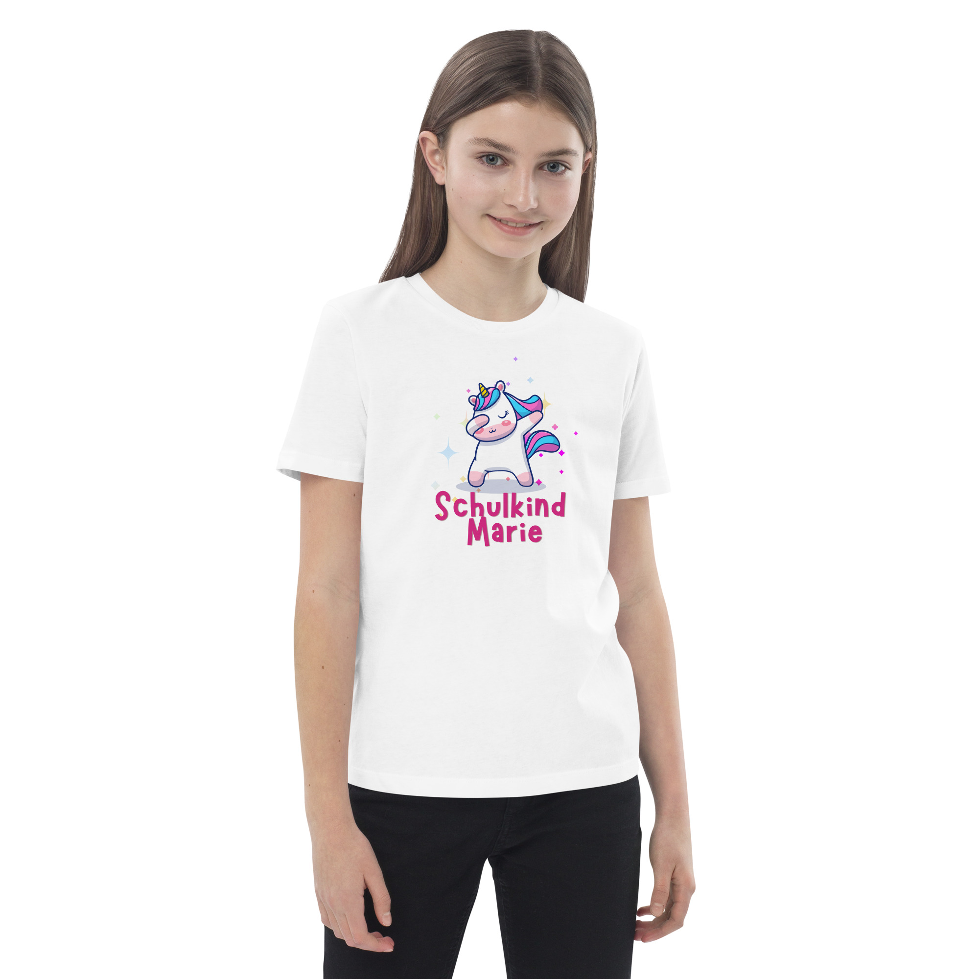 Schulkind Marie – Tanzendes Einhorn Motiv 🦄✨ Bio-Baumwoll-T-Shirt für Kinder – Bild 8