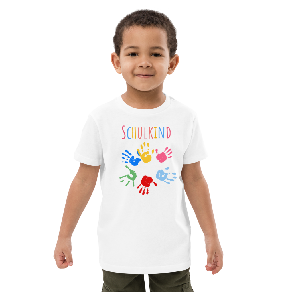 Schulkind mit bunten Händen – Das perfekte Bio-T-Shirt für den großen Tag!