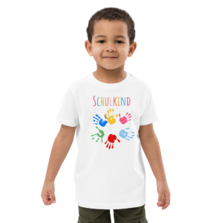 Schulkind mit bunten Händen – Das perfekte Bio-T-Shirt für den großen Tag!
