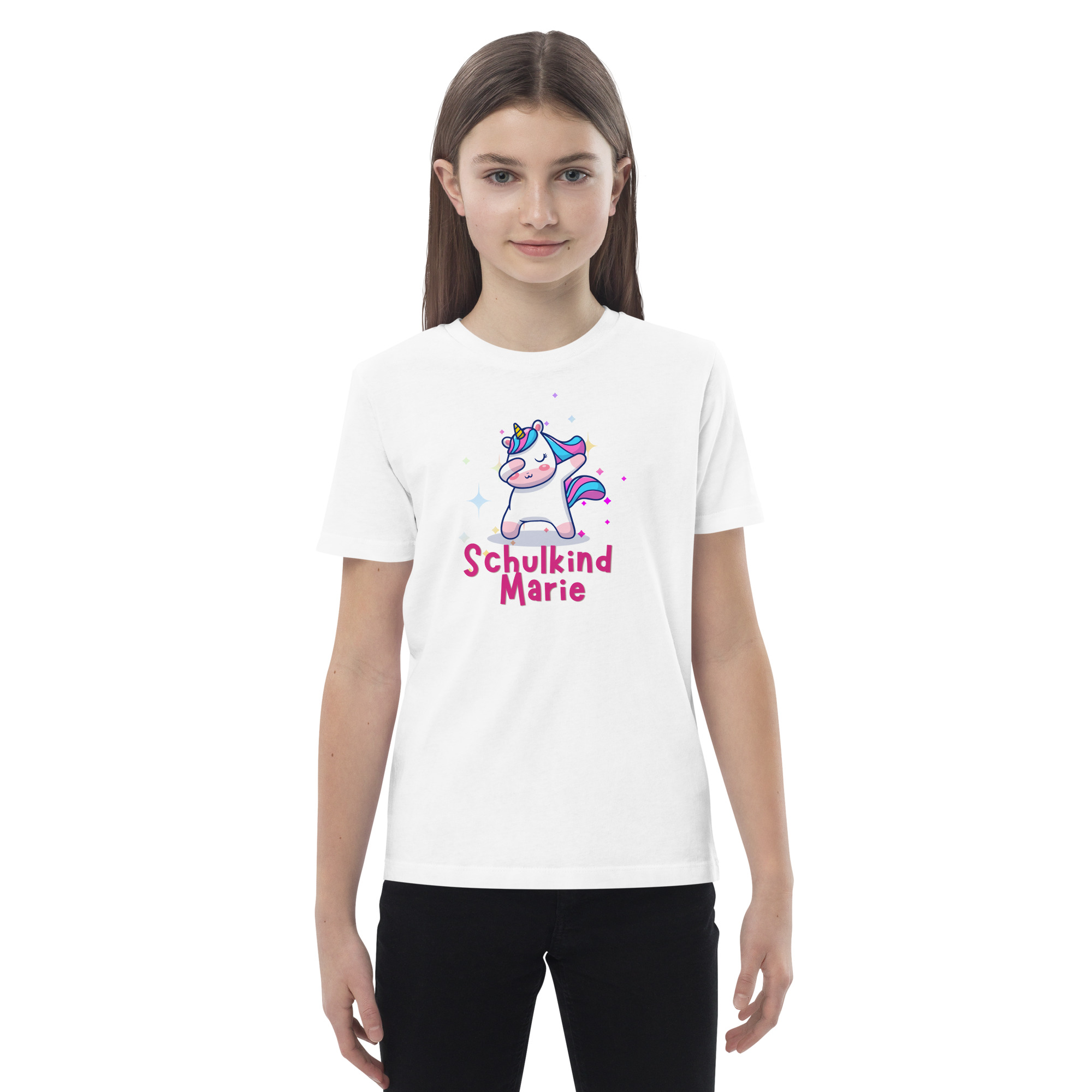 Schulkind Marie – Tanzendes Einhorn Motiv 🦄✨ Bio-Baumwoll-T-Shirt für Kinder