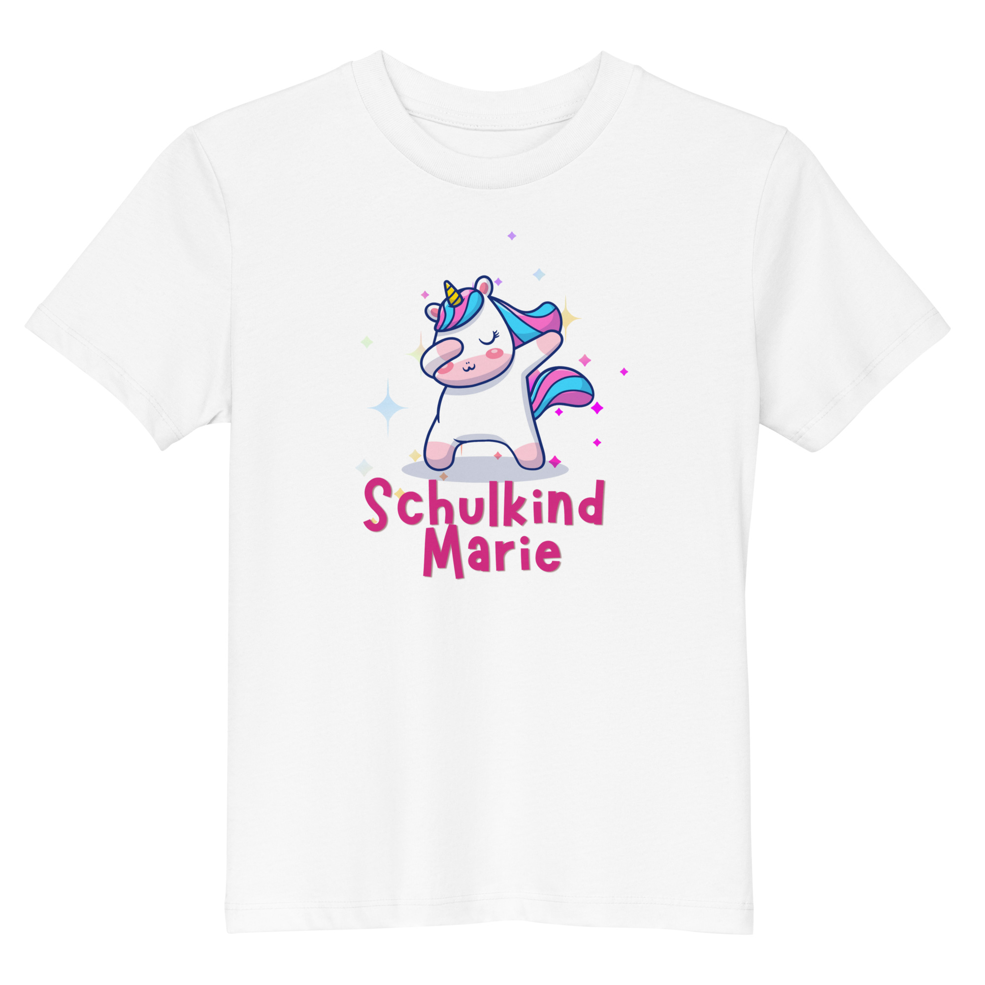 Schulkind Marie – Tanzendes Einhorn Motiv 🦄✨ Bio-Baumwoll-T-Shirt für Kinder – Bild 3
